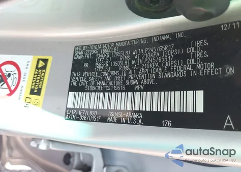 2012 Toyota Highlander Se V6 z USA, uszkodzony, nr VIN 5TDBK3EH1CS119616